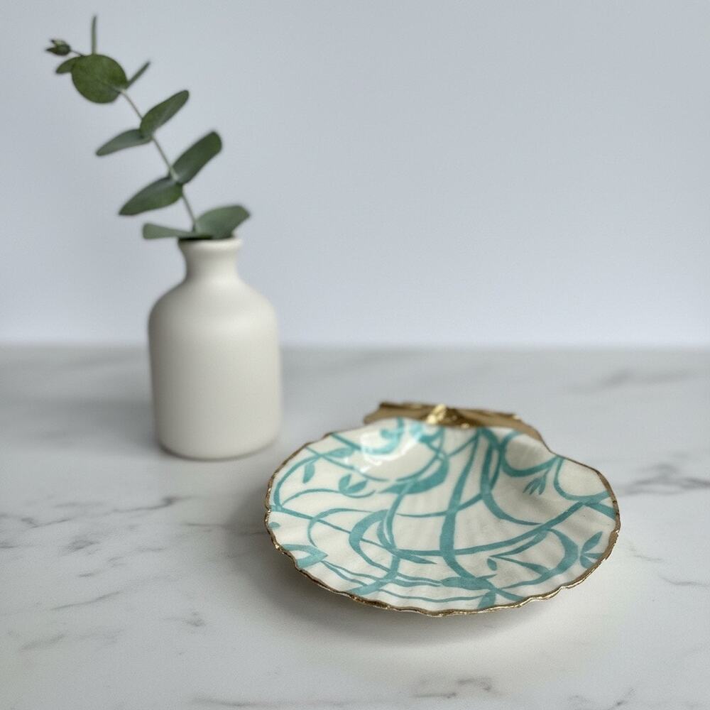 Blue Vine Shell Ring Dish, Handmade Scallop Trinket Dish, Coastal Boho Decor